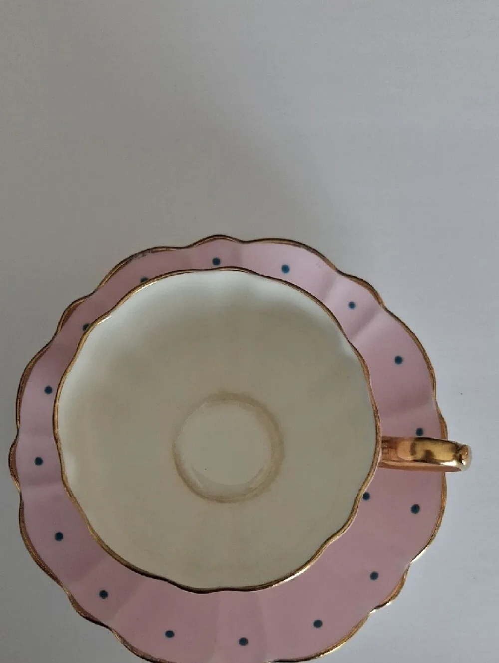 Pink Polka Dot Porcelain Teacup & Saucer with Gold Trim - Picture 3 of 3